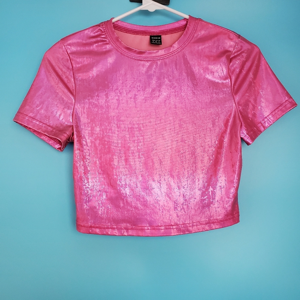 SHEIN Crop Top Size 4 Pink Shimmering Short Sleeve